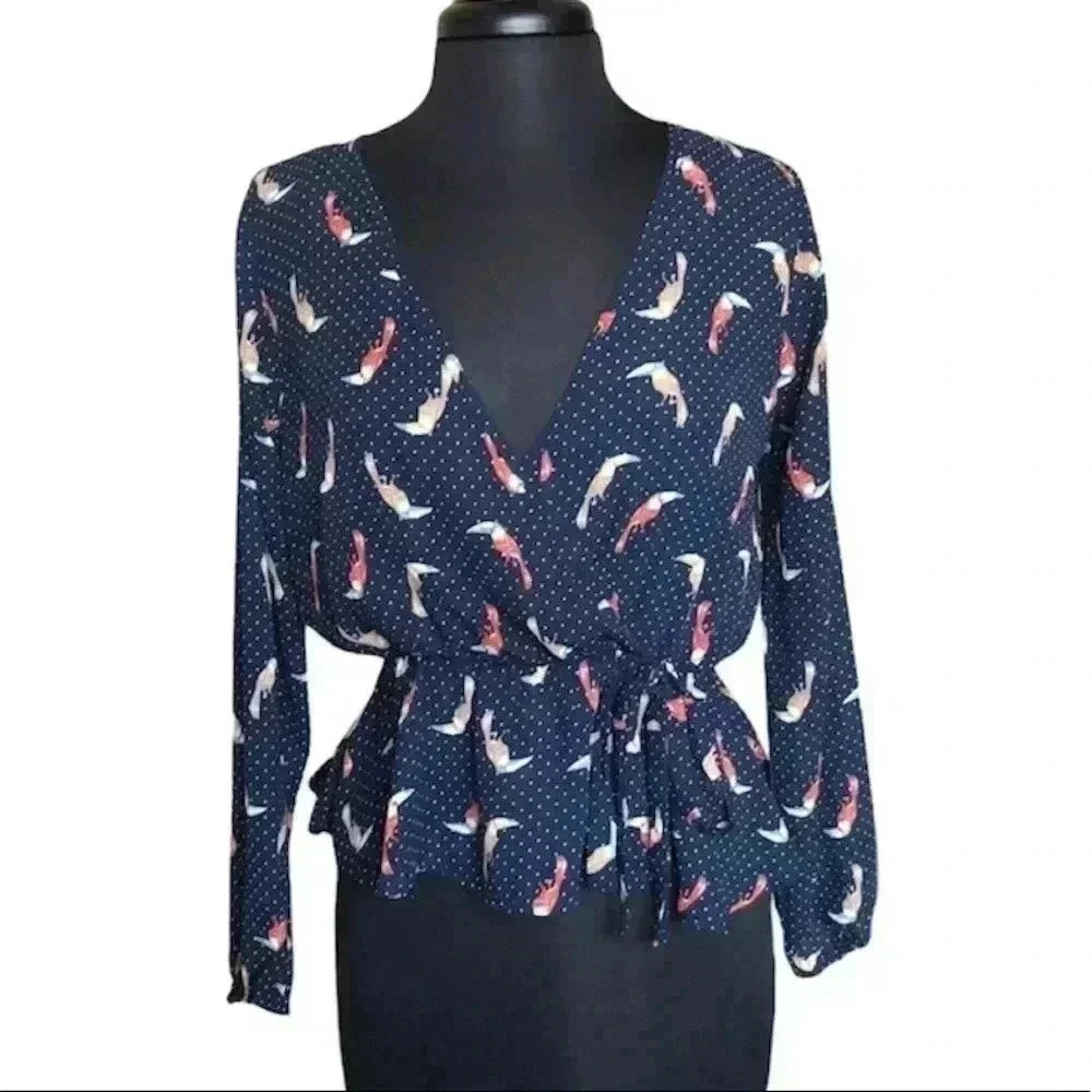 Wishful Polka Dot and Bird Multicolor Casual Long Sleeve Wrap Blouse Size S